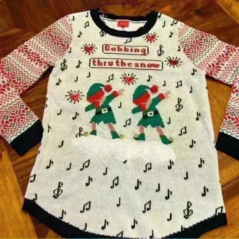 Joyland Dabbing Thru The Snow Ugly Christmas Sweater, XL **has stain**